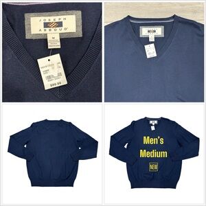 Men's Joseph Abboud Medium V-Neck Sweater Navy Blue Soft Long Sleeve Cotton Silk